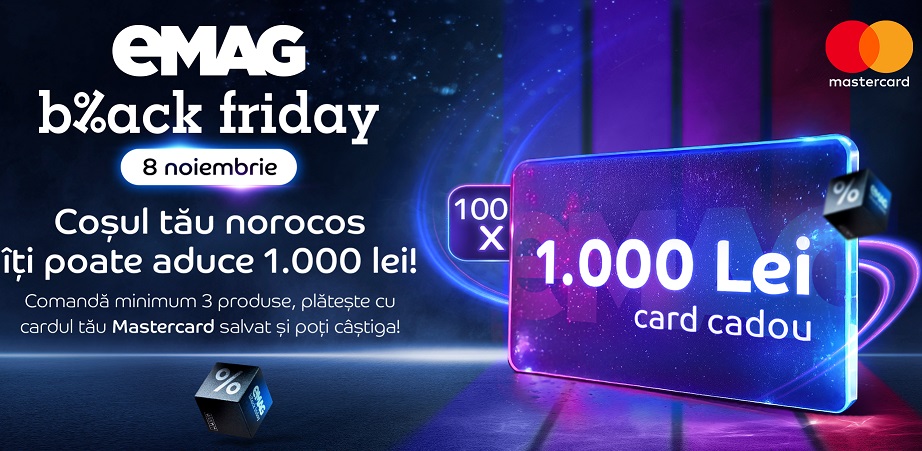 Black Friday 2024 – campanie eMag și Mastercard cu 100 de carduri cadou în valoare de 1.000 de lei fiecare